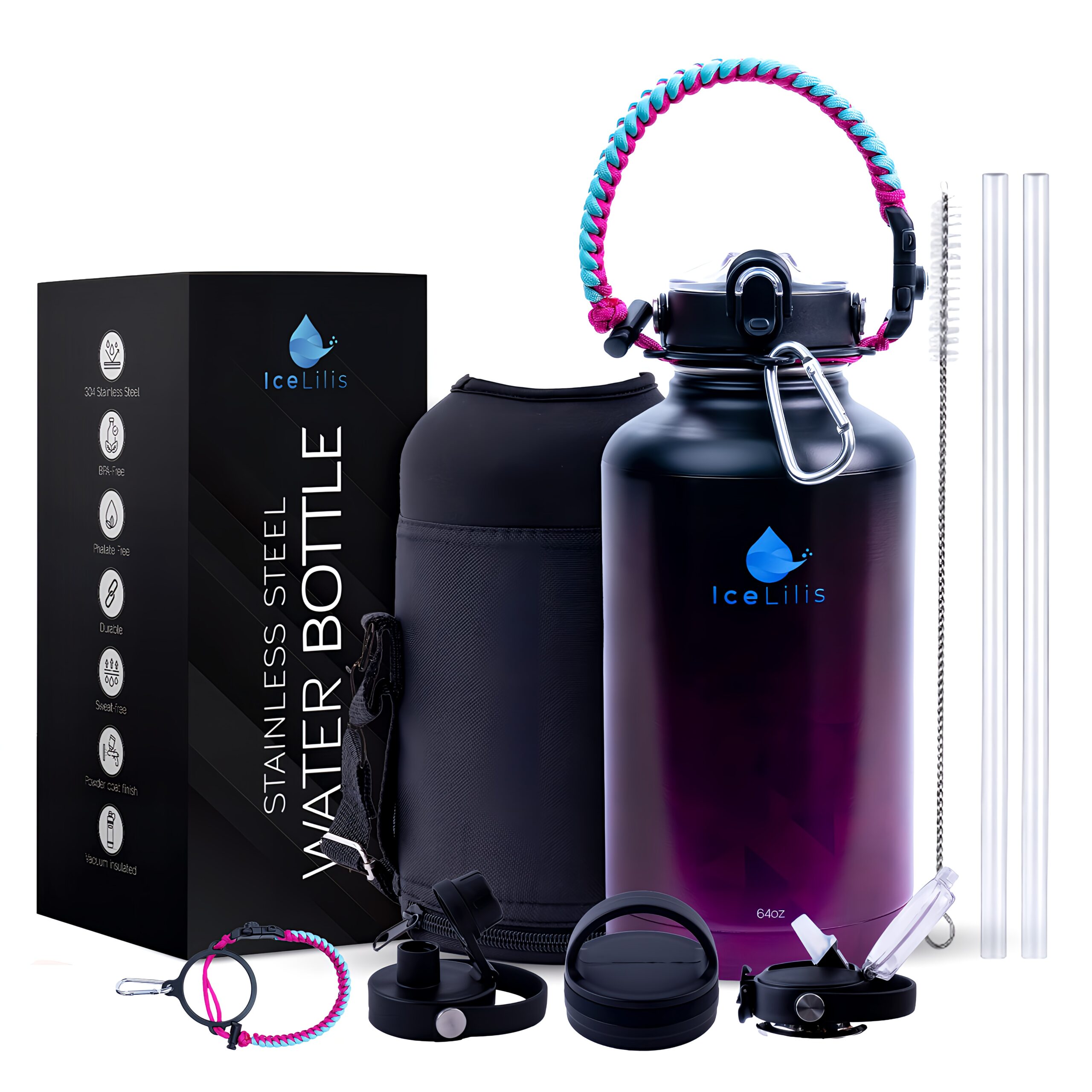 ICELILIS Botella Térmica Morada 64 Oz Set Completo