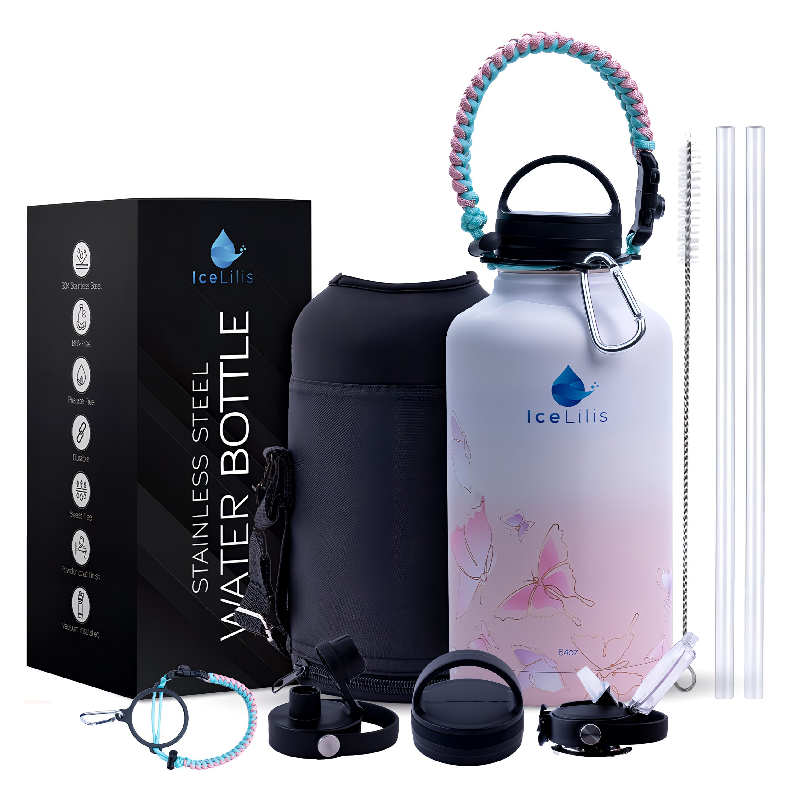 ICELILIS Botella Térmica Rosada con Mariposas 64 Oz Set Completo