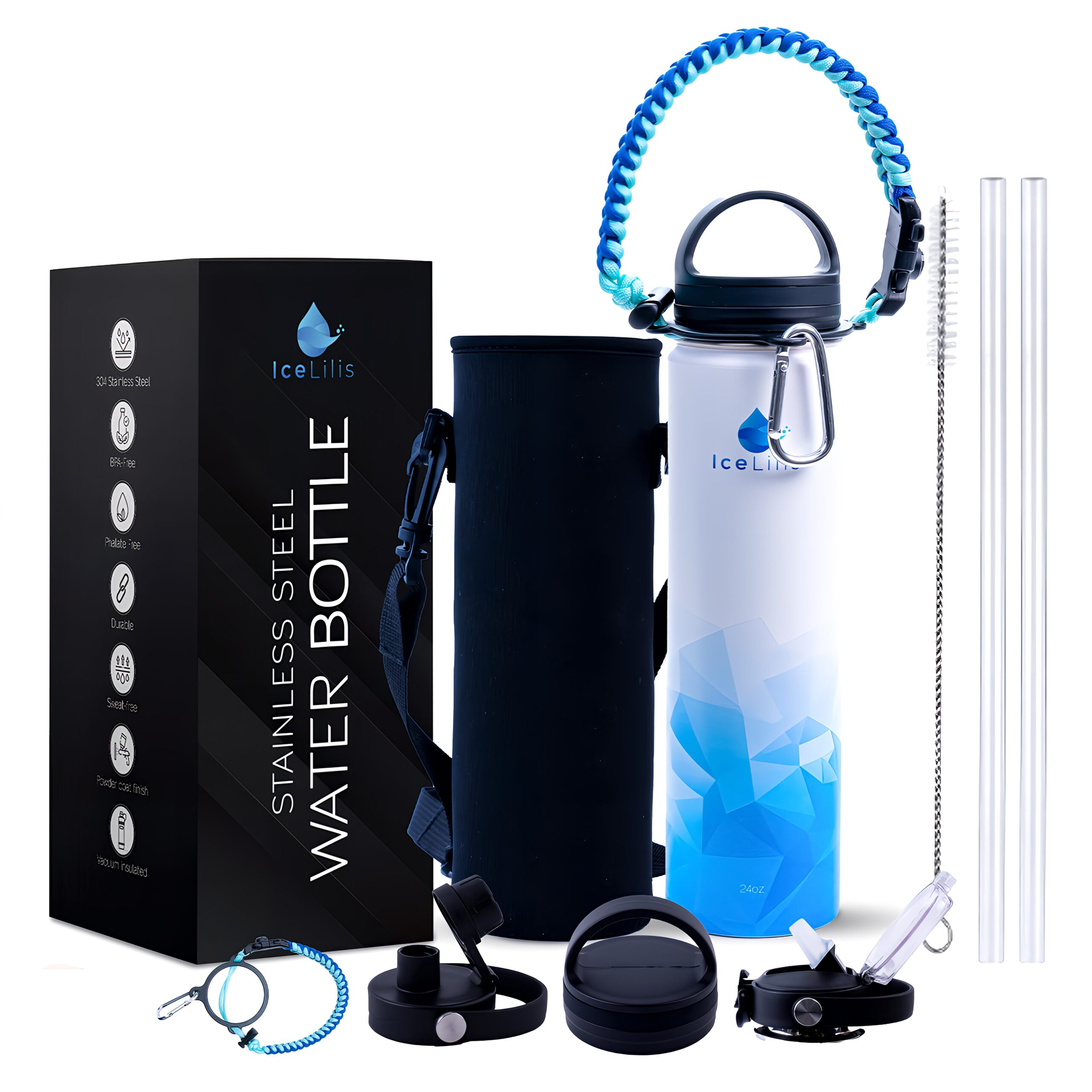 Botella Acero Inoxidable ICELILIS 24 Oz Azul Set Completo