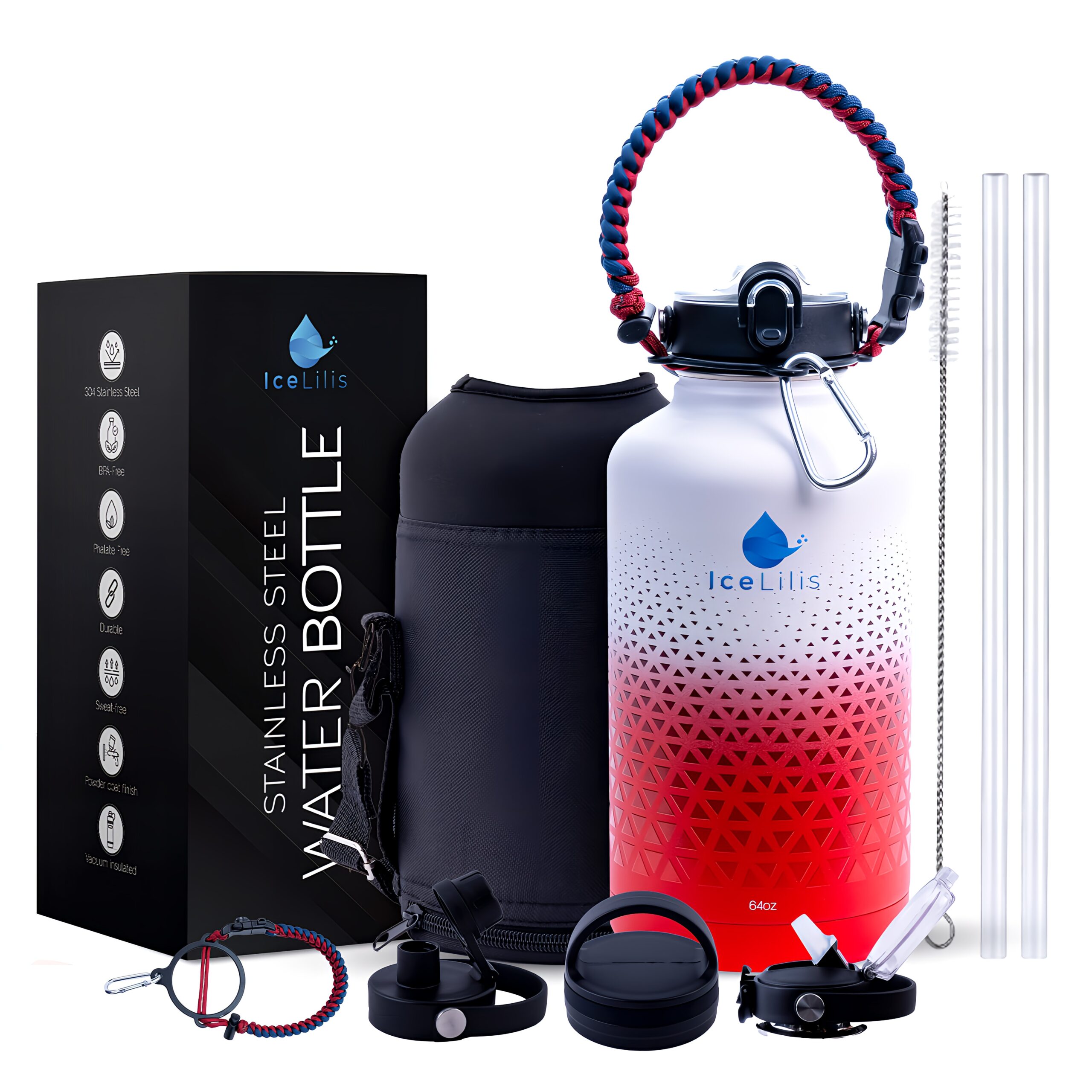 ICELILIS Botella Térmica Roja 64 Oz Set Completo