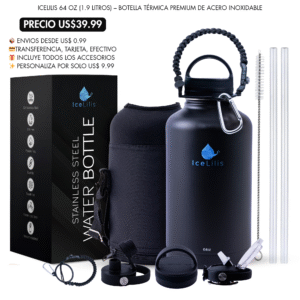 ICELILIS Botella Térmica Negra 64 Oz Set Completo