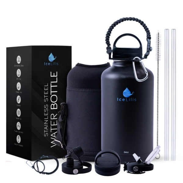 ICELILIS Botella Térmica Negra 64 Oz Set Completo