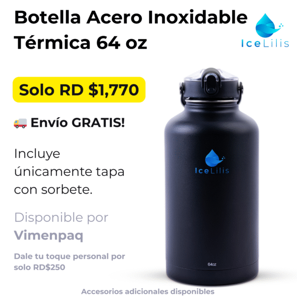 ICELILIS Botella Térmica Negra 64 Oz Una Tapa
