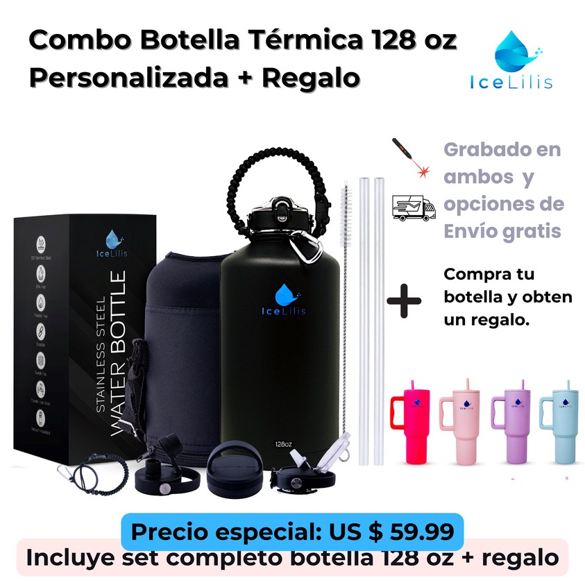 Combo # 2 ICELILIS Botella Térmica 128 oz + Vaso 40 oz GRATIS Ambos Personalizados