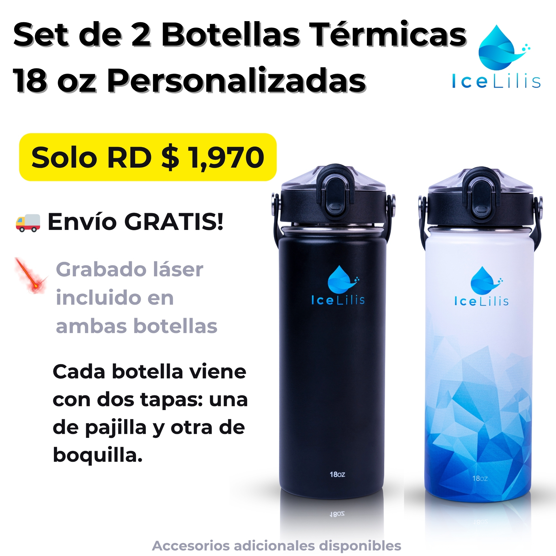 Set de 2 Botellas Térmicas ICELILIS con Tapa de Pajilla + Boquilla | Grabado Láser Incluido + Envío Gratis
