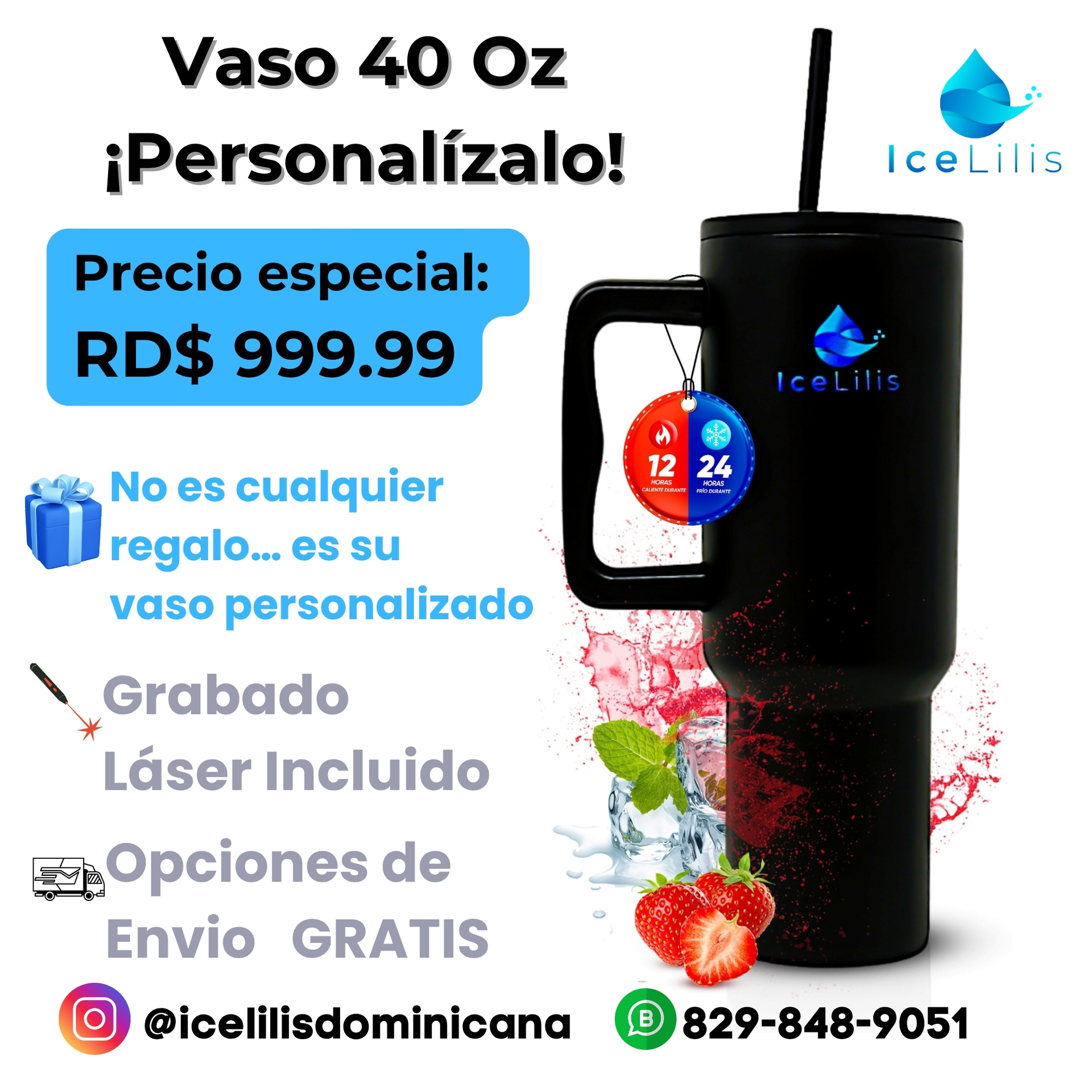 Vaso Térmico ICELILIS 40 oz Personalizado con Grabado Láser Permanente