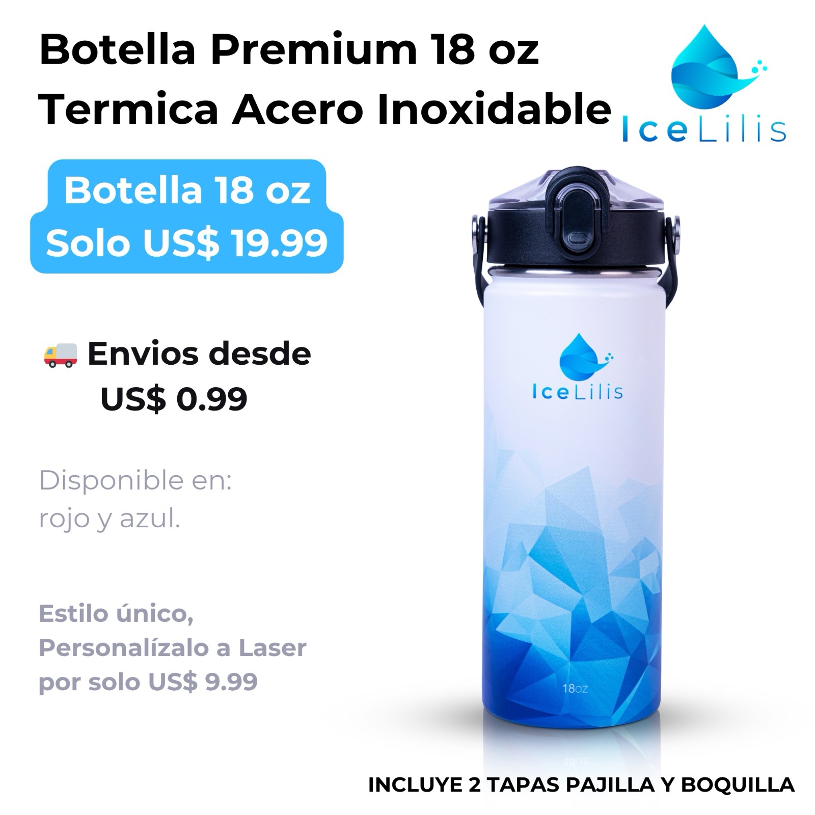 Botella 18 Oz Acero Inoxidable 2 tapas Azul